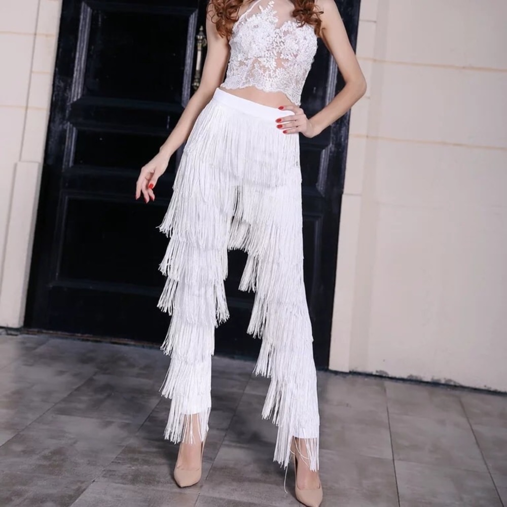 White tassel fringe pants